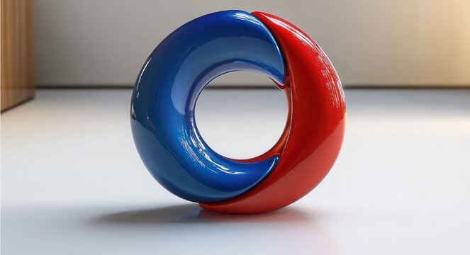 glossy red and blue interlocking torus sculpture on smooth tabletop with soft studio lighting, sleek balanced and playful mood