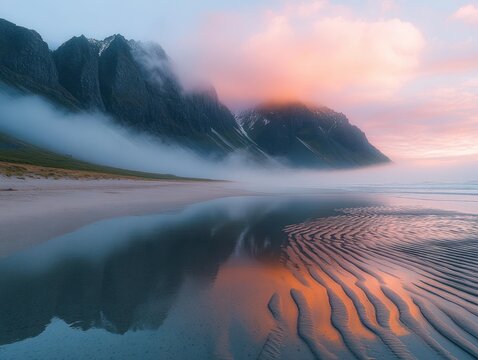 serene misty coastal mountains with low fog, rippled sandy beach and reflective tide pools under a pastel sunrise glow