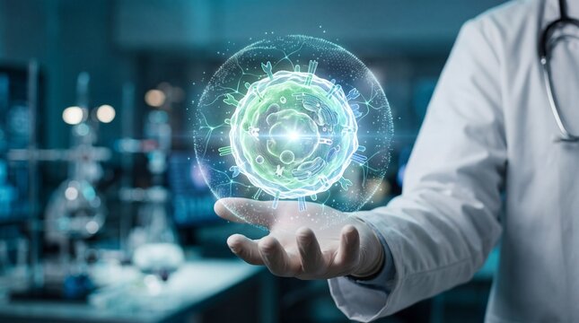Doctor holding a glowing holographic model of a biological cell in a medical research laboratory with medical professional holds digital projection cell structure inside modern laboratory setting