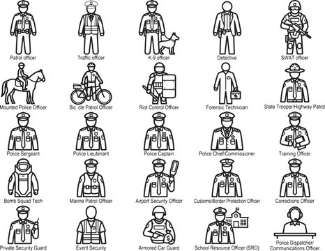 Collection of police officer and law enforcement icons in a clean, organized grid. Variety of roles depicted.