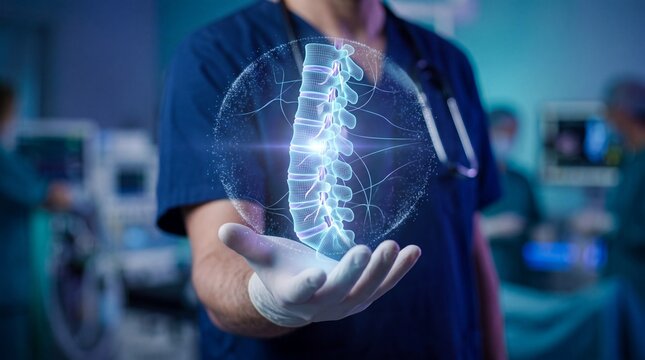 Medical professional holding a holographic projection of a human spine in a clinical hospital room with healthcare worker scrubs presents digital 3D model human spinal column medical facility