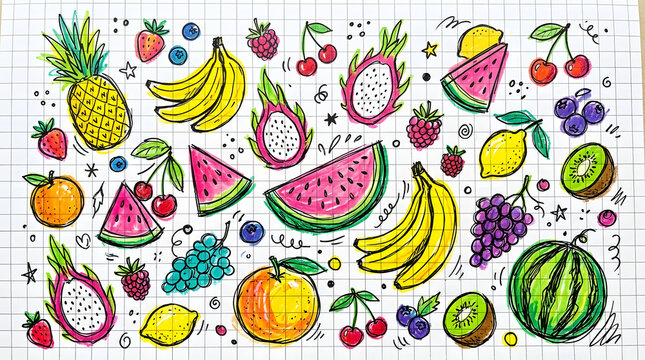 Vibrant Fruit Fiesta: A colorful collection of hand-drawn fruits, including pineapple, bananas, watermelon, dragon fruit, cherries, and grapes, arranged on a grid background.