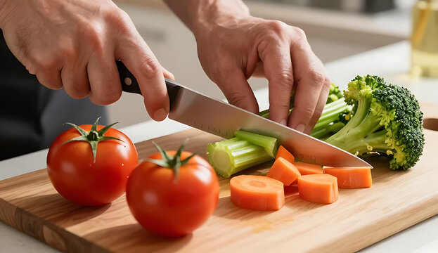 Hands slicing fresh tomatoes and broccoli on wooden cutting board for healthy cooking PNG, 4K, HD Image