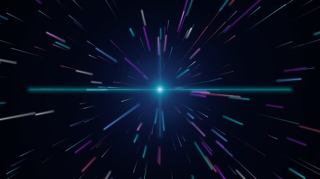 A vibrant tunnel of glowing colorful stars rushes past during high speed interstellar travel across the galaxy, creating breathtaking visual effects for cinematic science fiction space