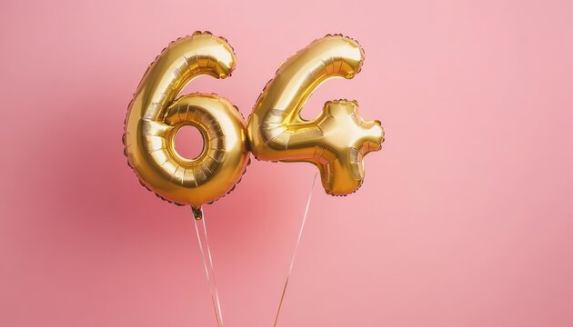 two gold foil balloons shaped like the numbers six and four with an attached plus sign against a soft pink background, festive and cheerful