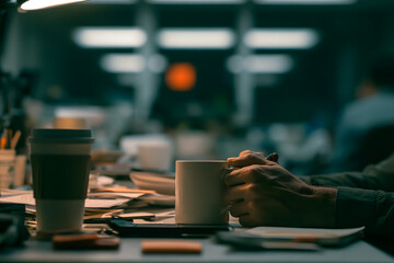 Fototapeta premium Chronic Workplace Stress with Tightly Gripped Coffee Cup at Cluttered Desk 