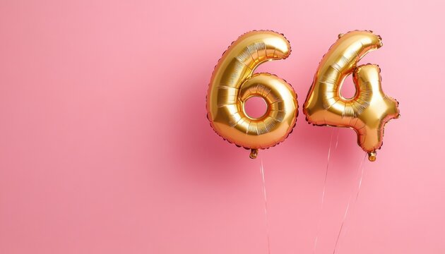 gold metallic number 6 and 4 balloons floating with thin strings against a pink background, festive joyful minimal party scene