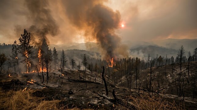 Forest wildfire burning scorched landscape with intense smoke and flames
