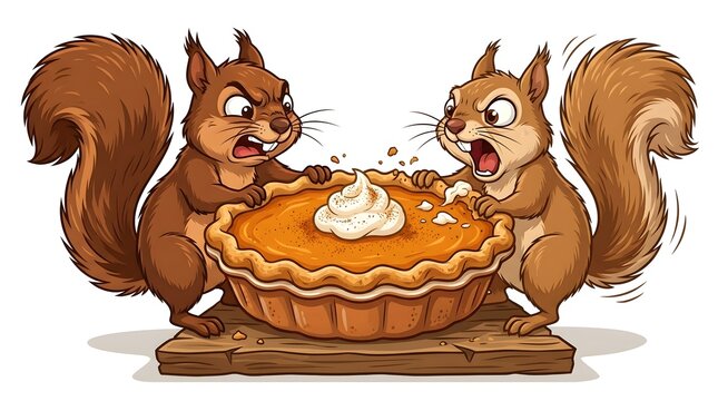 Two cartoon squirrels fighting over a pumpkin pie with whipped cream, sitting on a wooden board, isolated on a white background
