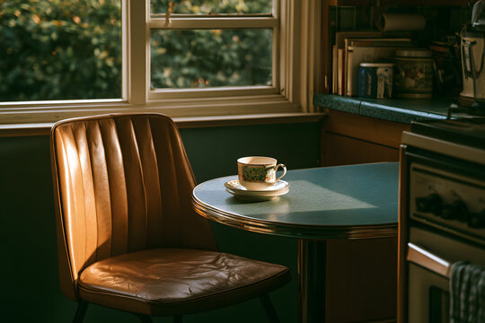 Elderly Social Isolation Concept with Empty Chair and Teacup in Quiet Kitchen
