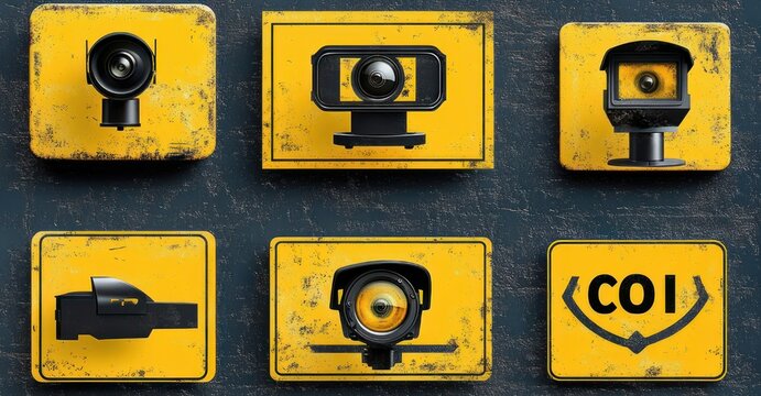 six weathered yellow warning panels each displaying a different surveillance camera or lens and a caution emblem on a dark textured wall, conveying vigilance and watchfulness