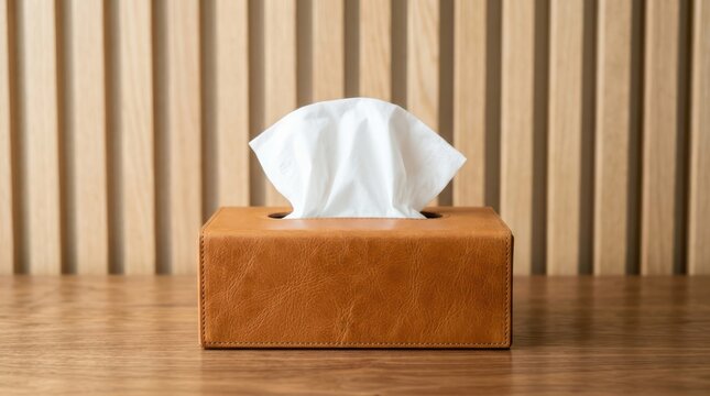 A leather tissue box holder with white tissues on a wooden table against a slatted wooden wall background