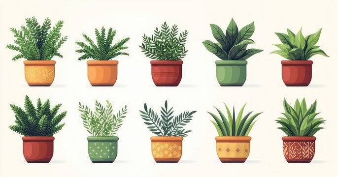 row of twelve potted green houseplants in decorative pots with varied leafy shapes, fresh cozy and calming illustration