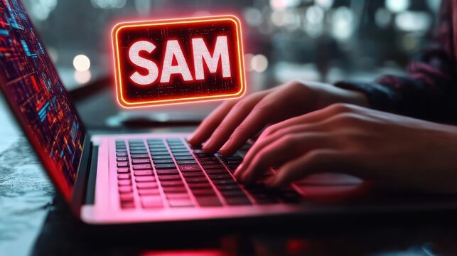 Close-up of hands typing on a laptop keyboard with streaming code on screen and a glowing red neon sign reading SAM, moody focused nighttime tech atmosphere