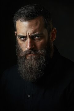 moody studio portrait of a bearded man with gray hair and visible ear, face obscured by blur, wearing a dark buttoned shirt, dramatic low-key lighting and mysterious solemn mood
