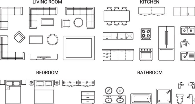 Set of architectural floor plan furniture icons for living room kitchen bedroom and bathroom interior design