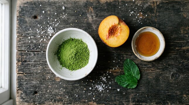 Matcha powder in a bowl, a halved peach, honey, and fresh mint leaves on a rustic wooden table