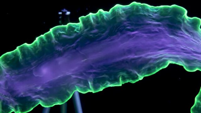 Glowing bioluminescent neon green and purple kelp ribbon floating in dark underwater, abstract organic fluid motion marine life macro, 3D AI render animation loop background