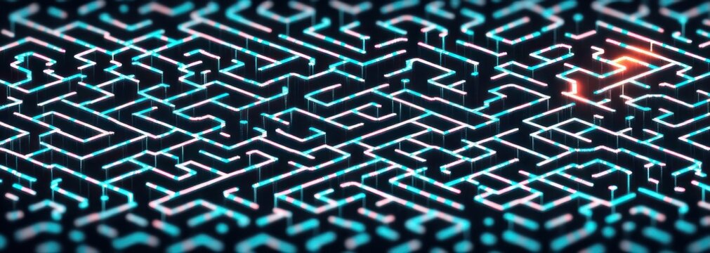 Glowing neon maze of cyan circuit-like pathways on dark surface with a warm orange flare, futuristic and mysterious atmosphere