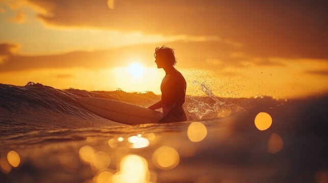 Silhouette of a surfer on a surfboard in a golden sunset over gentle waves, splashing water and warm bokeh reflections evoking a peaceful, contemplative mood