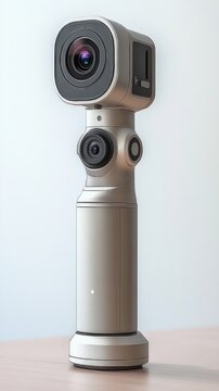 sleek silver handheld multi-lens 360 camera with cylindrical handle and tabletop base, modern minimalist professional mood
