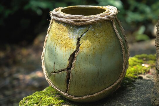 Cracked green ceramic pot wrapped with natural rope resting on mossy stone in a shaded garden, evoking rustic weathered charm and quiet nostalgia