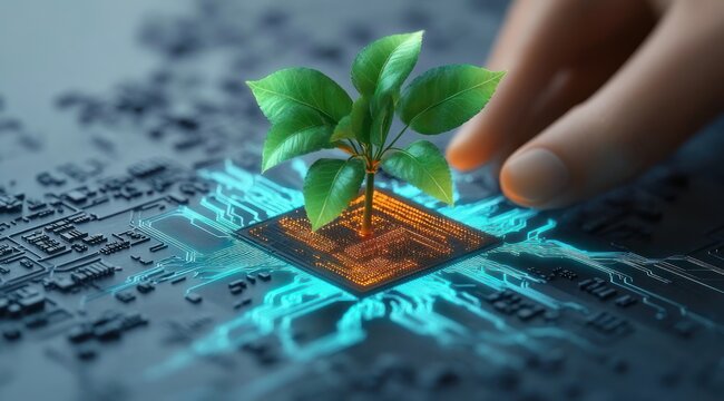 green seedling sprouting from a glowing microchip on a circuit board with a fingertip nearby, symbolizing hopeful sustainable innovation and harmony between nature and technology