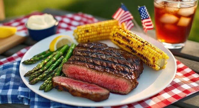 Medium-rare grilled steak, grilled corn on the cob with small american flags, roasted asparagus, lemon wedge and iced tea on a checkered picnic cloth for a festive summer meal