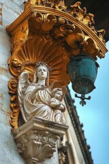 Naklejka premium Serene stone angel cradling a child on a carved pedestal beneath an ornate gilded canopy with a patinated green lantern on a building façade