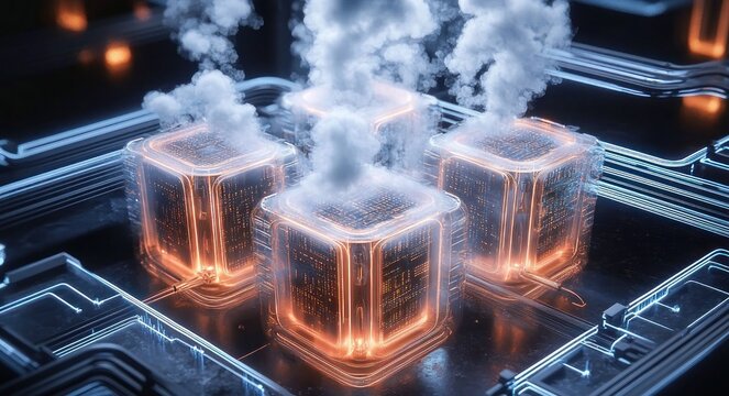 four glowing translucent data cubes releasing steam on a dark circuit board with neon blue traces and orange luminous cores, high-energy futuristic electronic scene