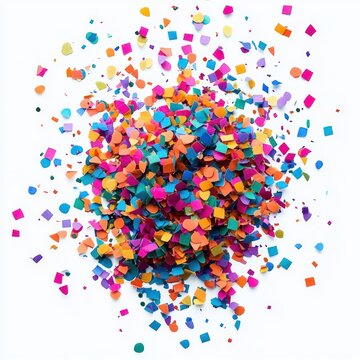 pile of multicolored round and square paper confetti scattered on white background conveying festive joyful celebration