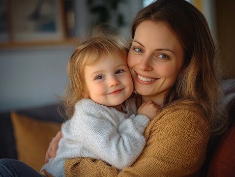 mother tenderly holding young child on couch in warm living room, cozy sweaters and gentle embrace