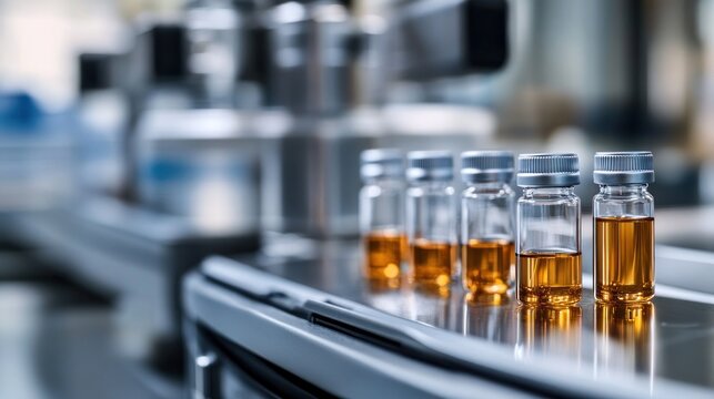 row of capped glass vials filled with amber liquid on a stainless steel conveyor in a sterile production lab, evoking clinical precision and industrial efficiency