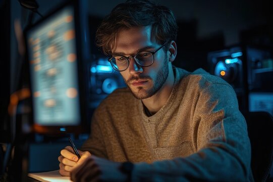 person at dim desk writing in a notebook under blue computer monitor glow, focused and contemplative in a late-night workspace