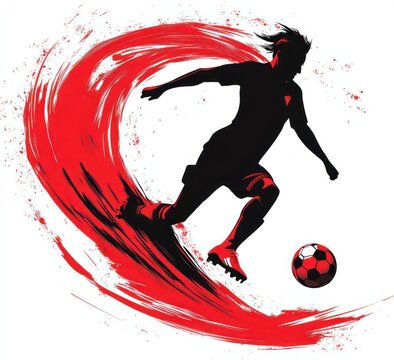 Dynamic silhouette of a soccer player kicking a red and black ball with a sweeping red brushstroke arc conveying speed and intense energy