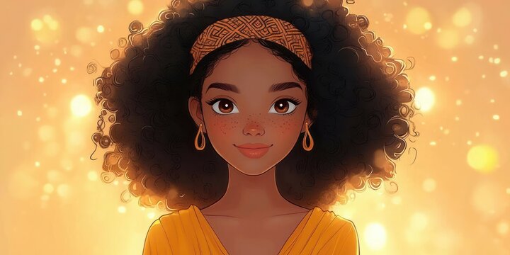 woman with voluminous curly hair wearing patterned headband and gold hoop earrings in warm glowing bokeh light, serene confident mood