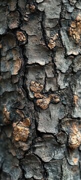close-up of rough weathered tree bark with cracked dark gray and brown textured surface and orange-brown flaky patches conveying resilience