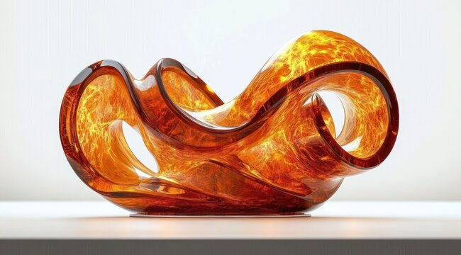 Glossy abstract amber glass sculpture with swirling fiery interior on white tabletop, warm energetic and elegant centerpiece