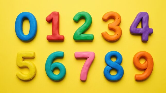 Colorful numbers from zero to nine made of clay on a yellow background