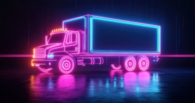 neon-outlined cargo truck and trailer glowing in pink and blue on wet reflective pavement under rain, futuristic nostalgic moody atmosphere