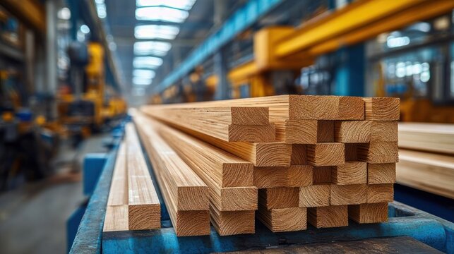 stacked wooden lumber planks on a metal rack inside a bright industrial warehouse with overhead cranes and long blurred aisles, evoking an orderly efficient industrious mood