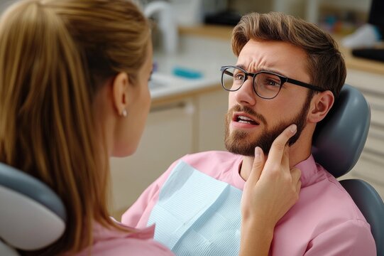 bearded man with glasses grimacing in dental chair as a female dental professional examines his cheek showing pain and concern during an oral exam