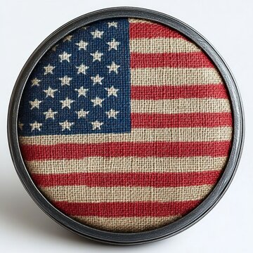 round metal-framed burlap american flag medallion with worn stars and stripes, textured close-up evoking nostalgic patriotic pride