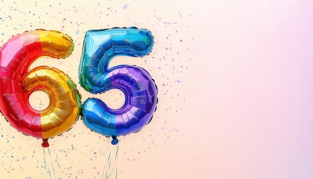 colorful metallic number 6 and 5 balloons with scattered confetti on a soft pastel background, festive celebratory mood