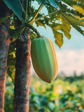 Unripe papaya fruit hanging from tree trunk under large lobed leaves, bathed in warm golden sunlight with a tranquil blurred tropical garden background