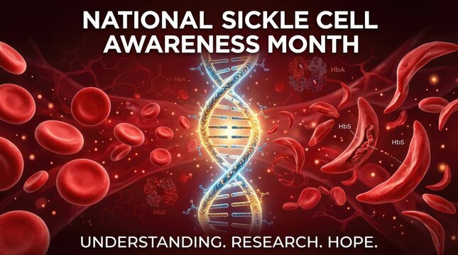 National sickle cell awareness month concept with dna strand and healthy and sick red blood cells