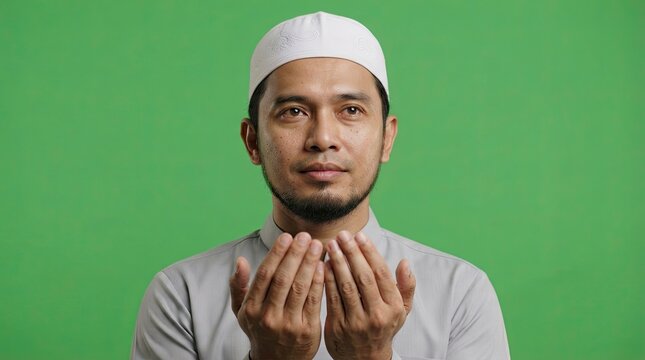 Devout Asian Muslim Man Performing Dua Supplication and Praying Isolated on Green Screen Background