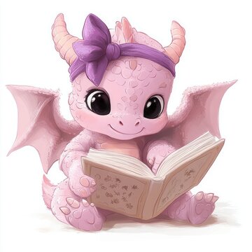 adorable pink baby dragon with a purple headband bow reading an open book, wide curious eyes and joyful smile