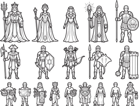 A collection of medieval-style fantasy characters in line art, including royalty, warriors, mages, and commoners, each depicted with unique attire and accessories, set against a plain background.