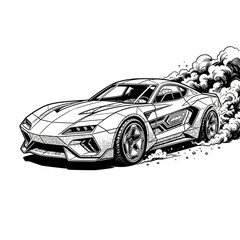 Fototapeta premium Detailed black and white vector illustration of a sports car drifting rapidly on white background